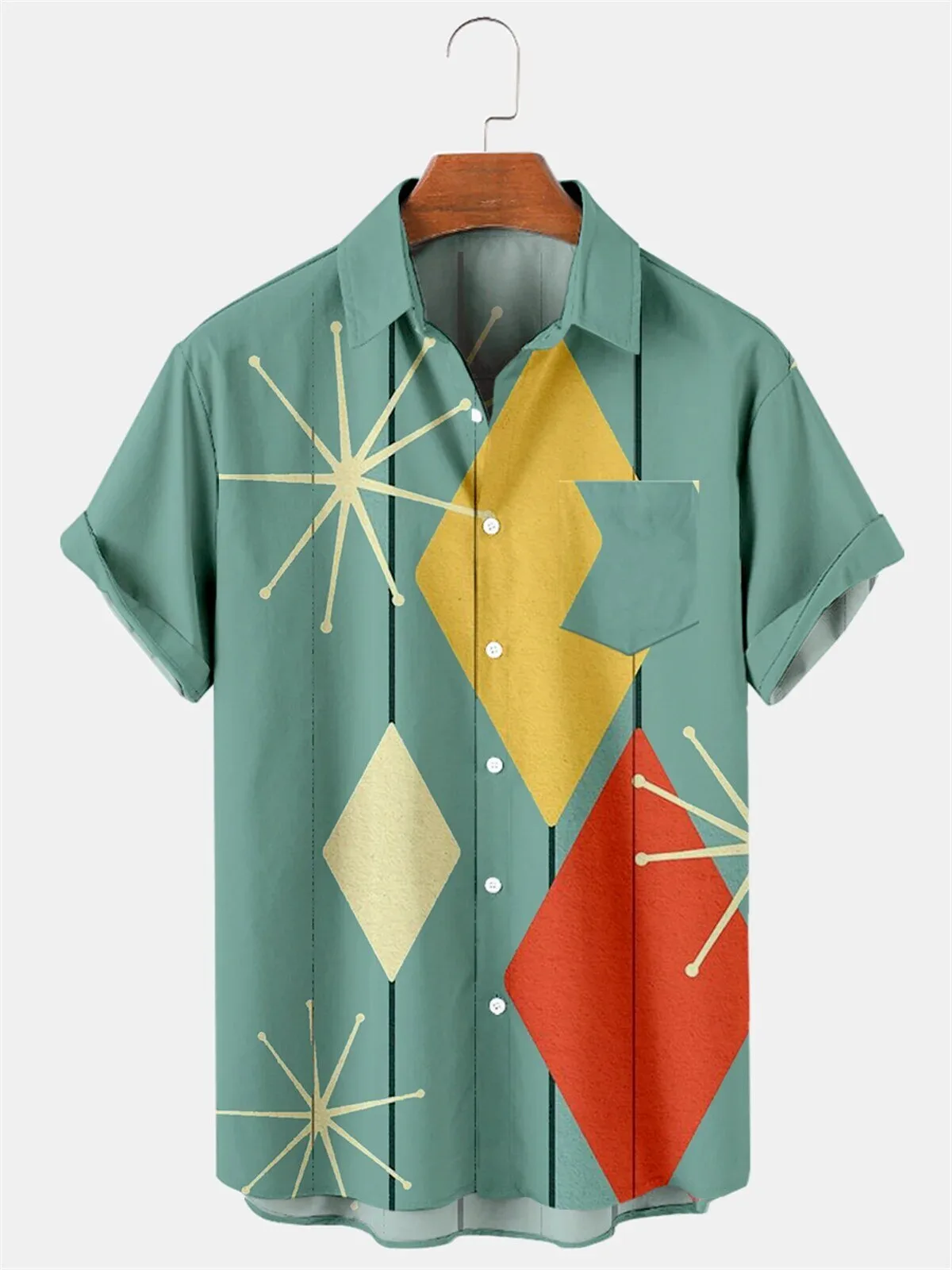 Mid Century Modern Atomic Starburst Diamonds Geometric Pattern Hawaiian Shirt