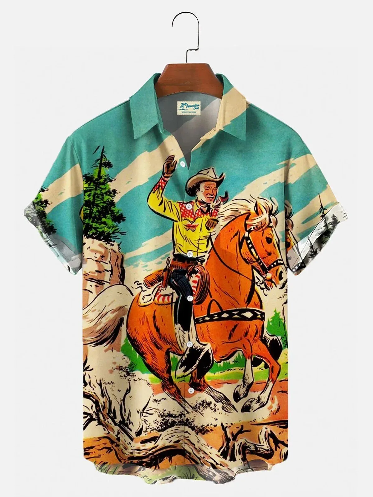 Retro Western Cowboy Comics Print Equestrian Casual Loose Short Sleeve Hawaiian Shirt