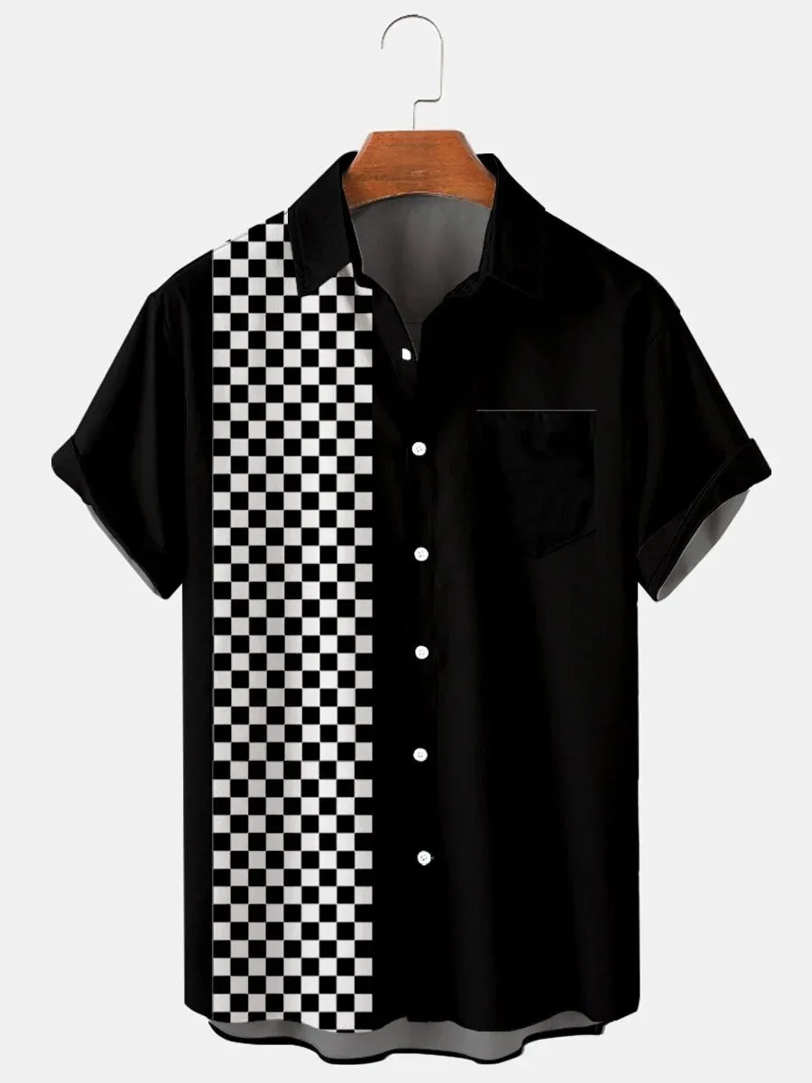 Men's Vintage Black and White Checkered Rockabilly Bowling Button Down Shirt