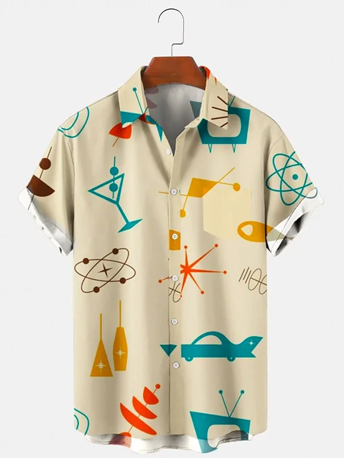Mid-Century Modern Atomic Retro Pattern Button Down Short Sleeve Hawaiian Shirt
