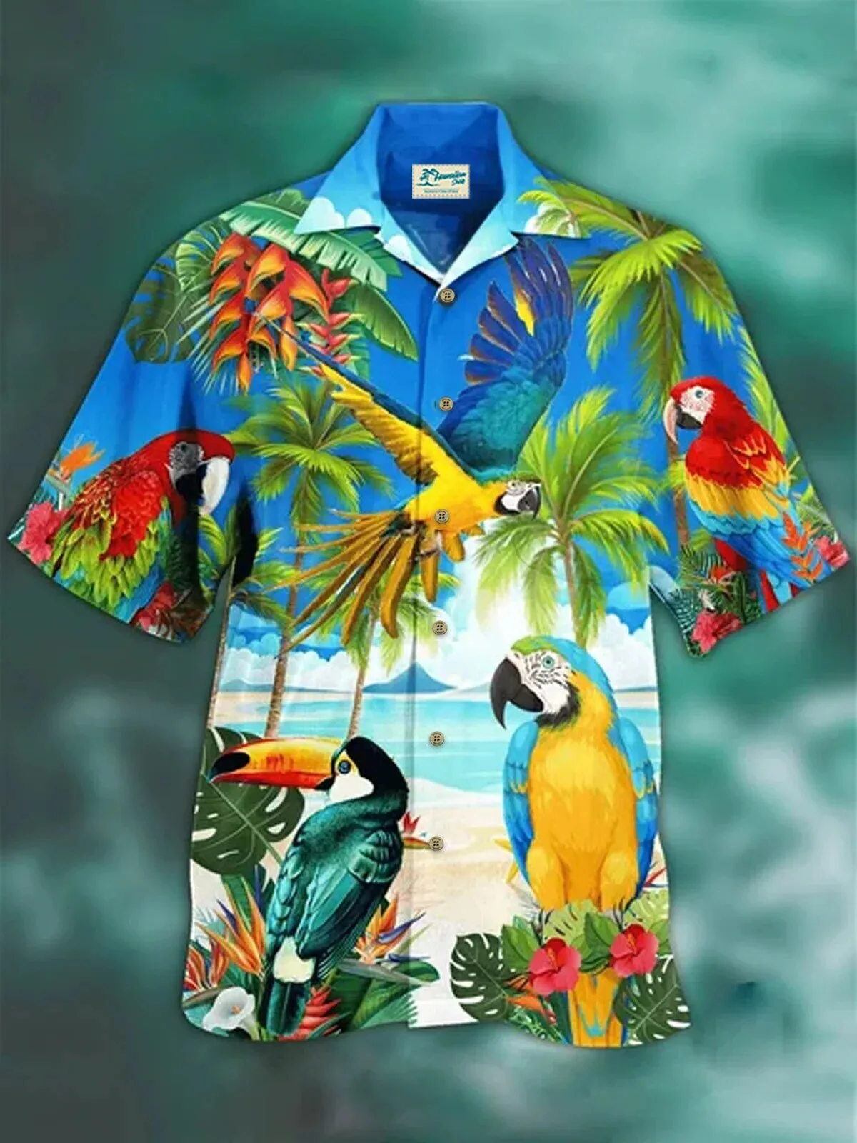 Tropical Parrots Beach Scene Men's Hawaiian Shirt with Colorful Birds