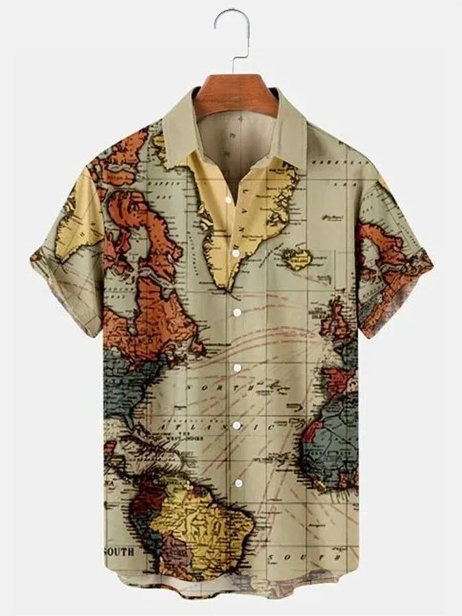 Men's Hawaiian Shirt with Short Sleeves Featuring Vintage World Map Print