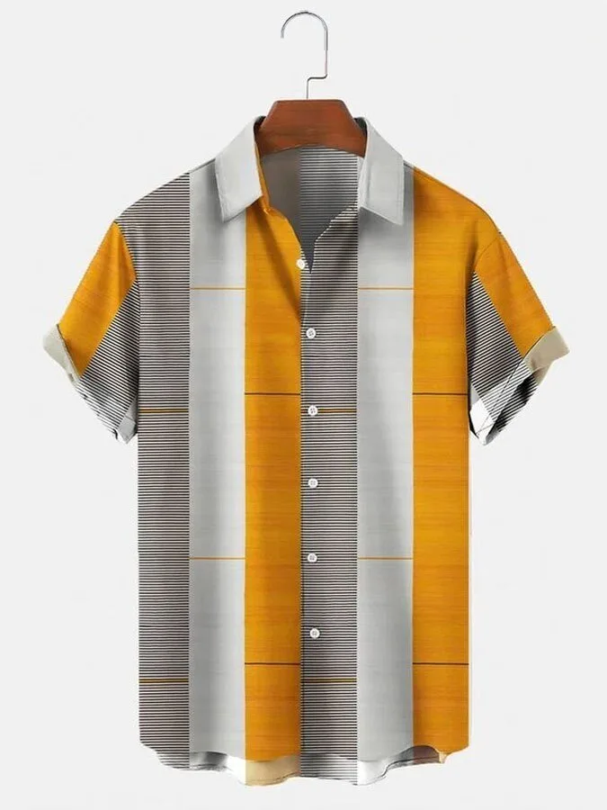 Men's Vertical Stripe Color Block Short Sleeve Button Down Shirt