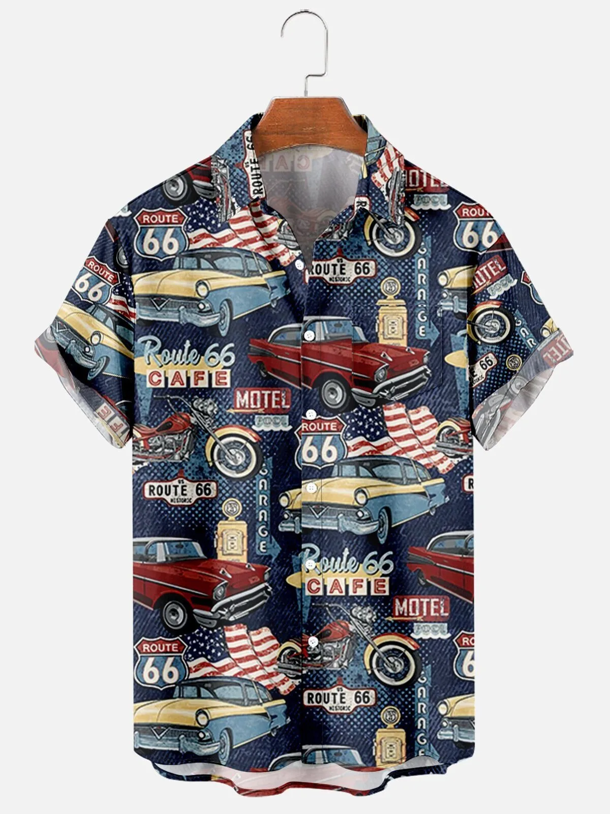 Route 66 Vintage Car Print Hawaiian Shirt for Men with Classic American Flag Design