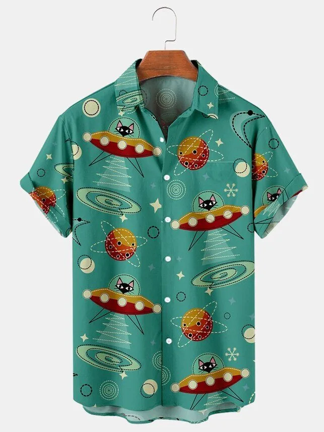 Funny Space Cat UFO Alien Planets Stars Cosmic Teal Hawaiian Shirt