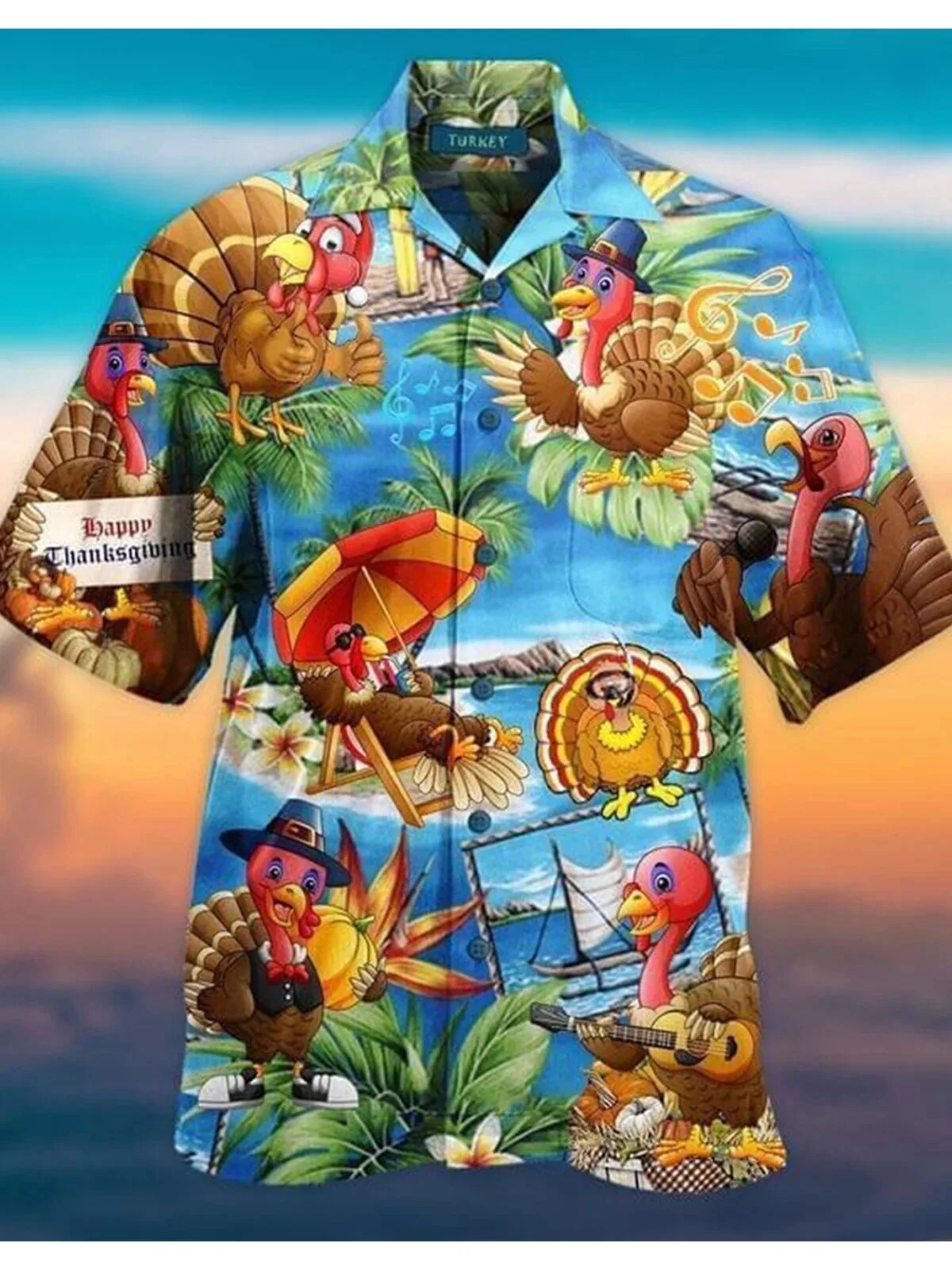 Thanksgiving Turkey Beach Party Tropical Hawaiian Shirt for Men