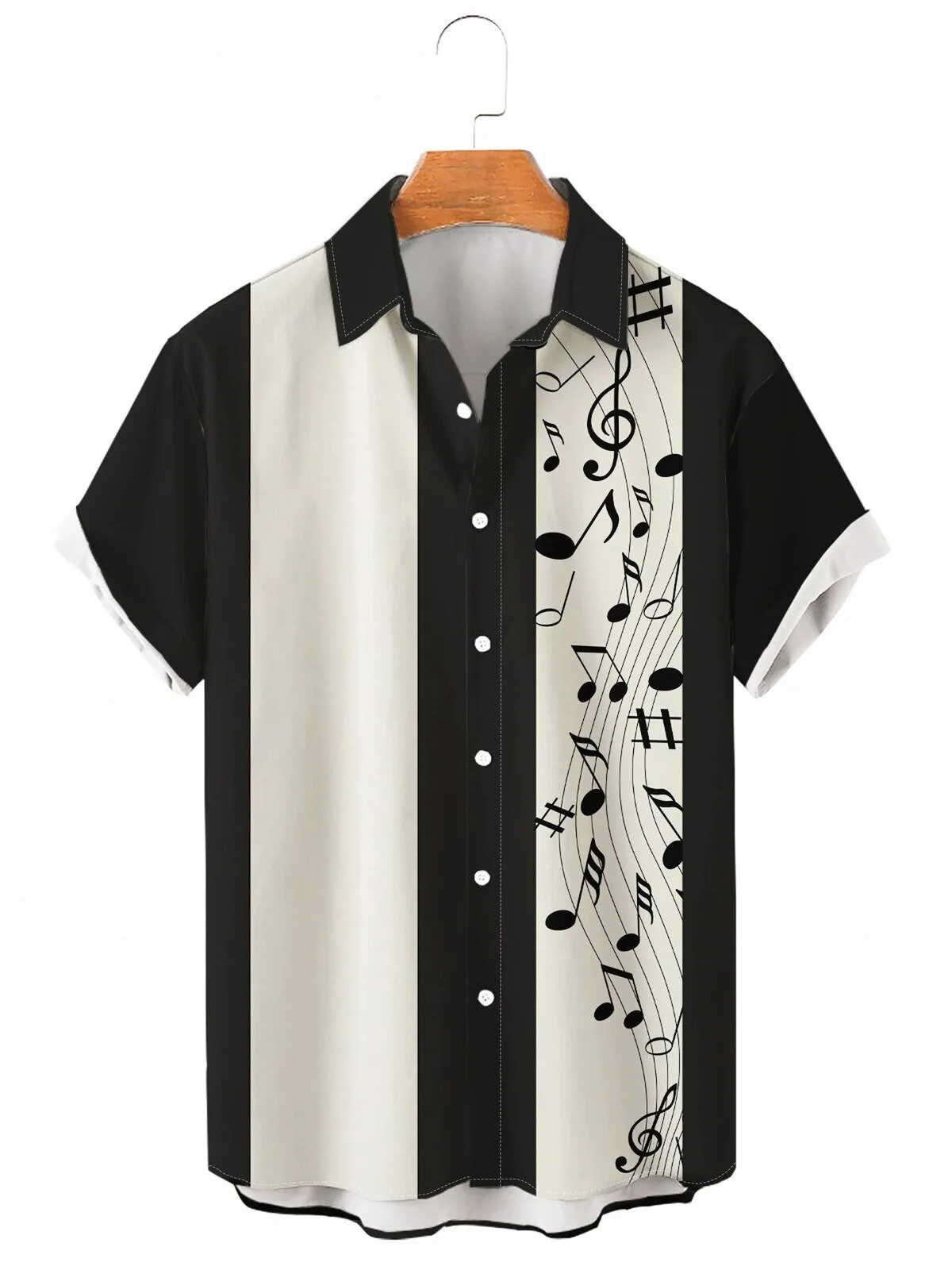 Musical Notes Black White Striped Casual Button Down Hawaiian Shirt
