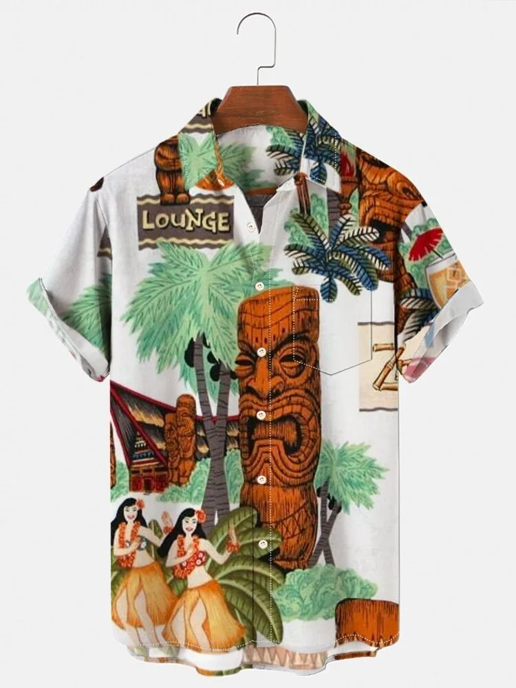 Vintage Tiki Bar Hawaiian Shirt for Men Tropical Hula Dancer Island Lounge Wear