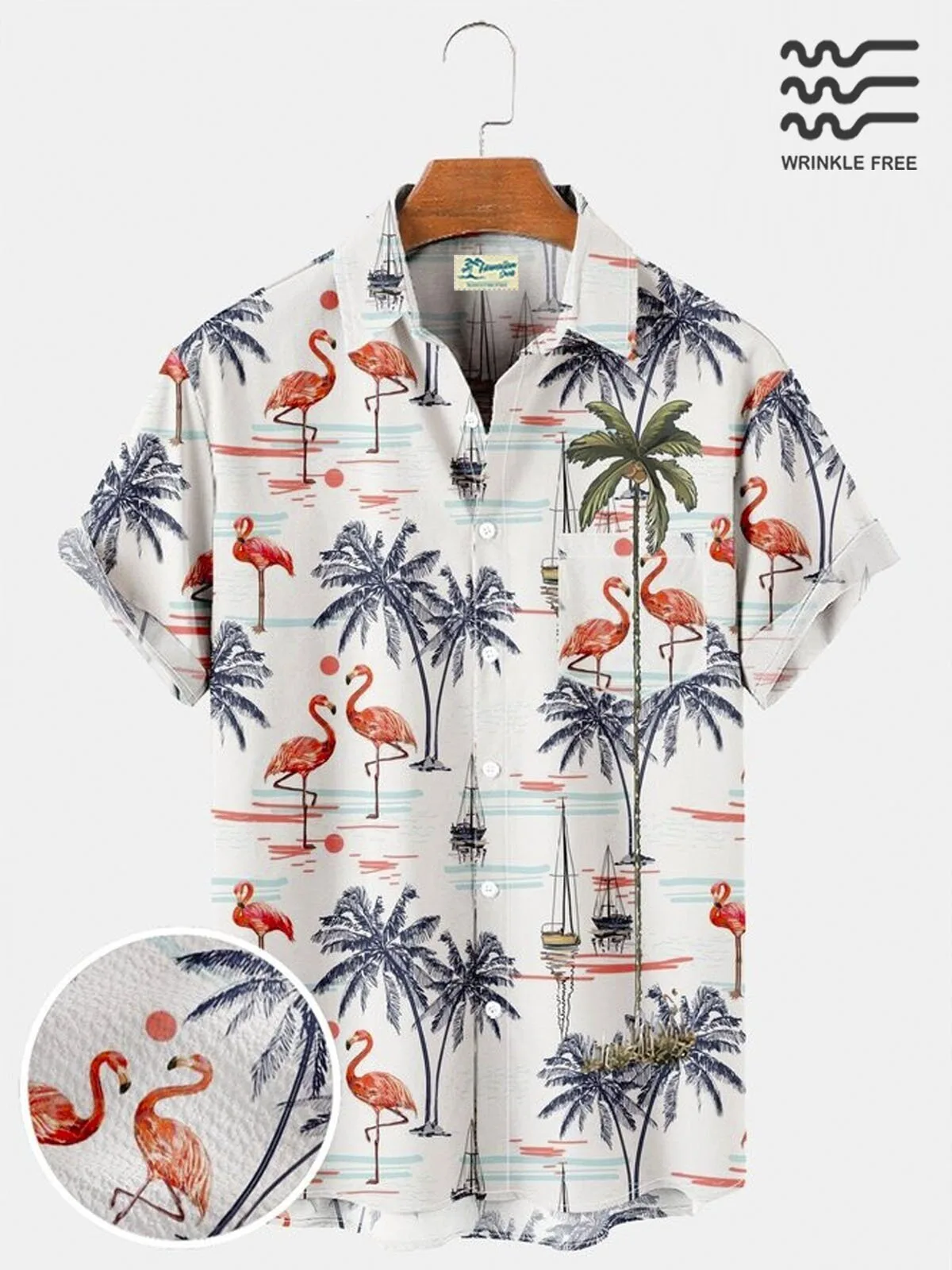 Flamingo Palm Tree Beach Summer Vacation Pattern Wrinkle Free Hawaiian Shirt