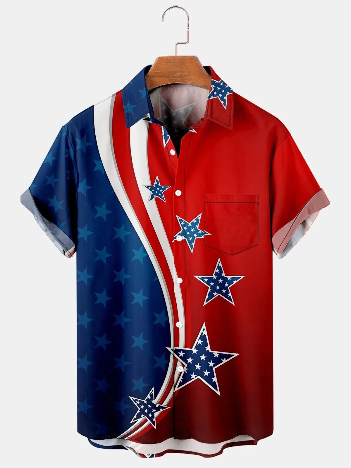 American Flag Wavy Stars and Stripes Patriotic Short Sleeve Hawaiian Shirt