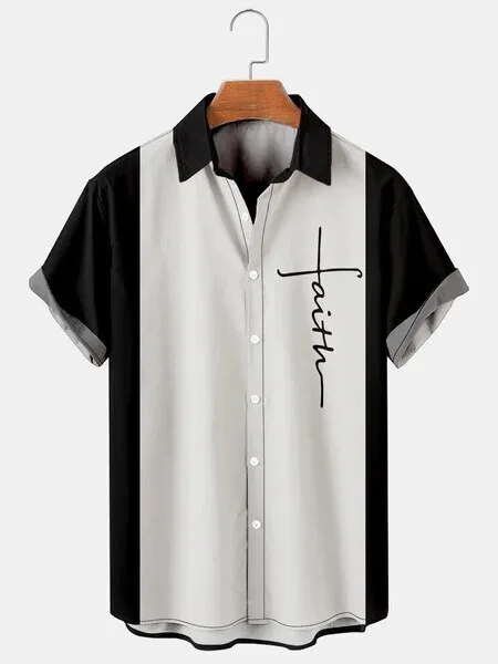 Faith Word Black and White Vertical Stripe Button Down Hawaiian Shirt
