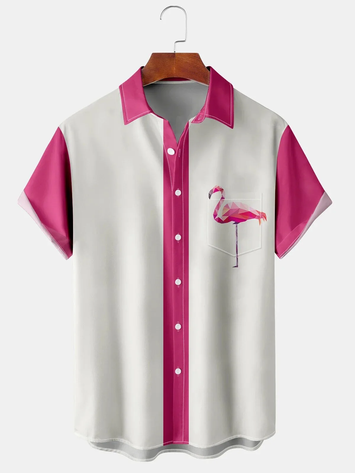 Geometric Flamingo Pattern White and Pink Short Sleeve Button Up Hawaiian Shirt