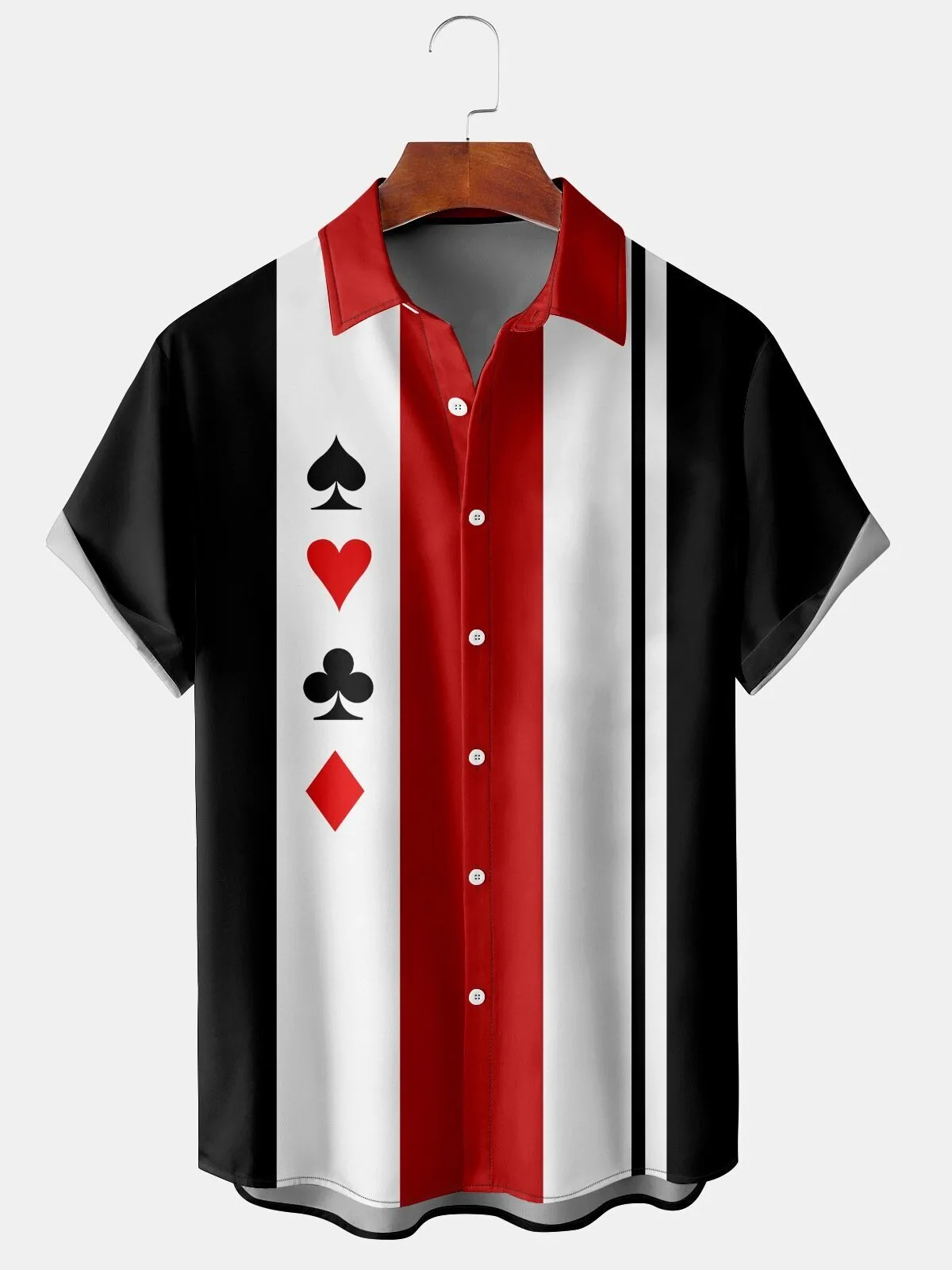 Playing Card Suits Poker Game Black White Red Striped Casual Hawaiian Shirt