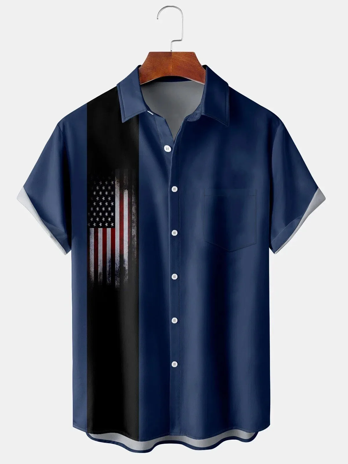 Distressed American Flag Patriotic Navy Blue Short Sleeve Hawaiian Shirt