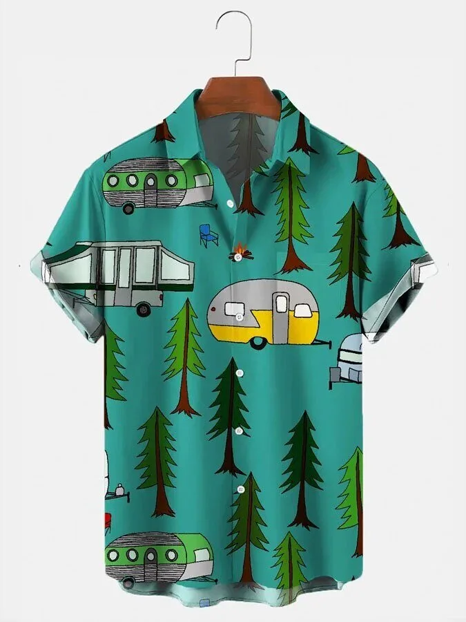 Vintage Camper Trailer Camping Forest Scene Men's Short Sleeve Hawaiian Shirt