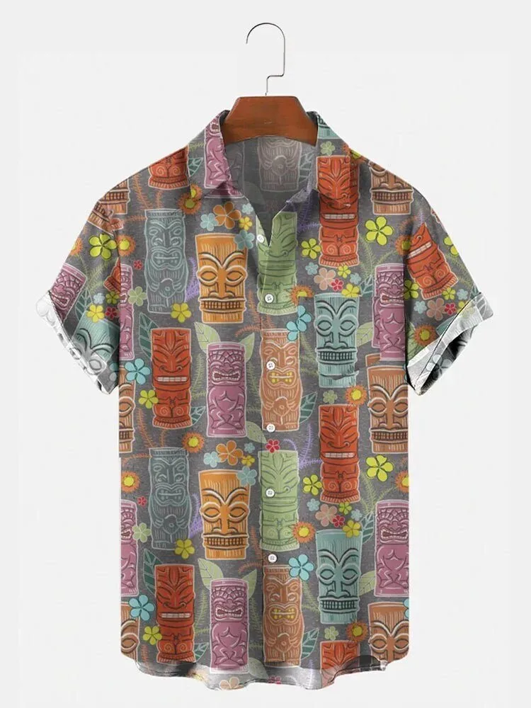 Tiki Bar Hawaiian Shirt Tropical Beach Casual Button Down Short Sleeve Top