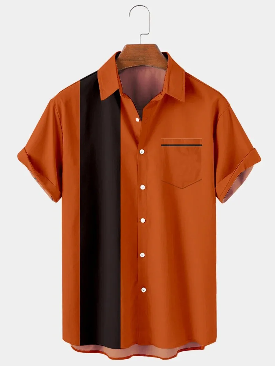 Orange and Black Striped Short Sleeve Button Down Hawaiian Shirt with Pocket 1 Orange and Black Striped Short Sleeve Button Down Hawaiian Shirt with Pocket