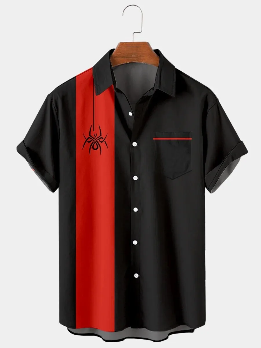 Spider-Man Insignia Black and Red Striped Bowling Hawaiian Shirt