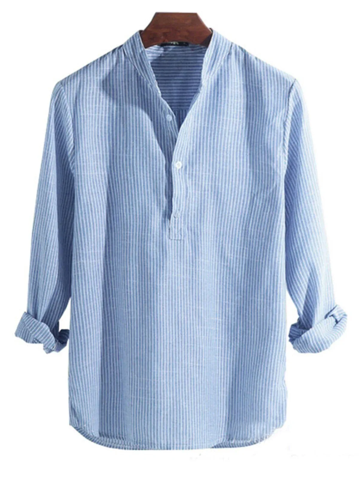 Men's Striped Henley Long Sleeve Shirt with Stand Collar Slim Fit Casual Top