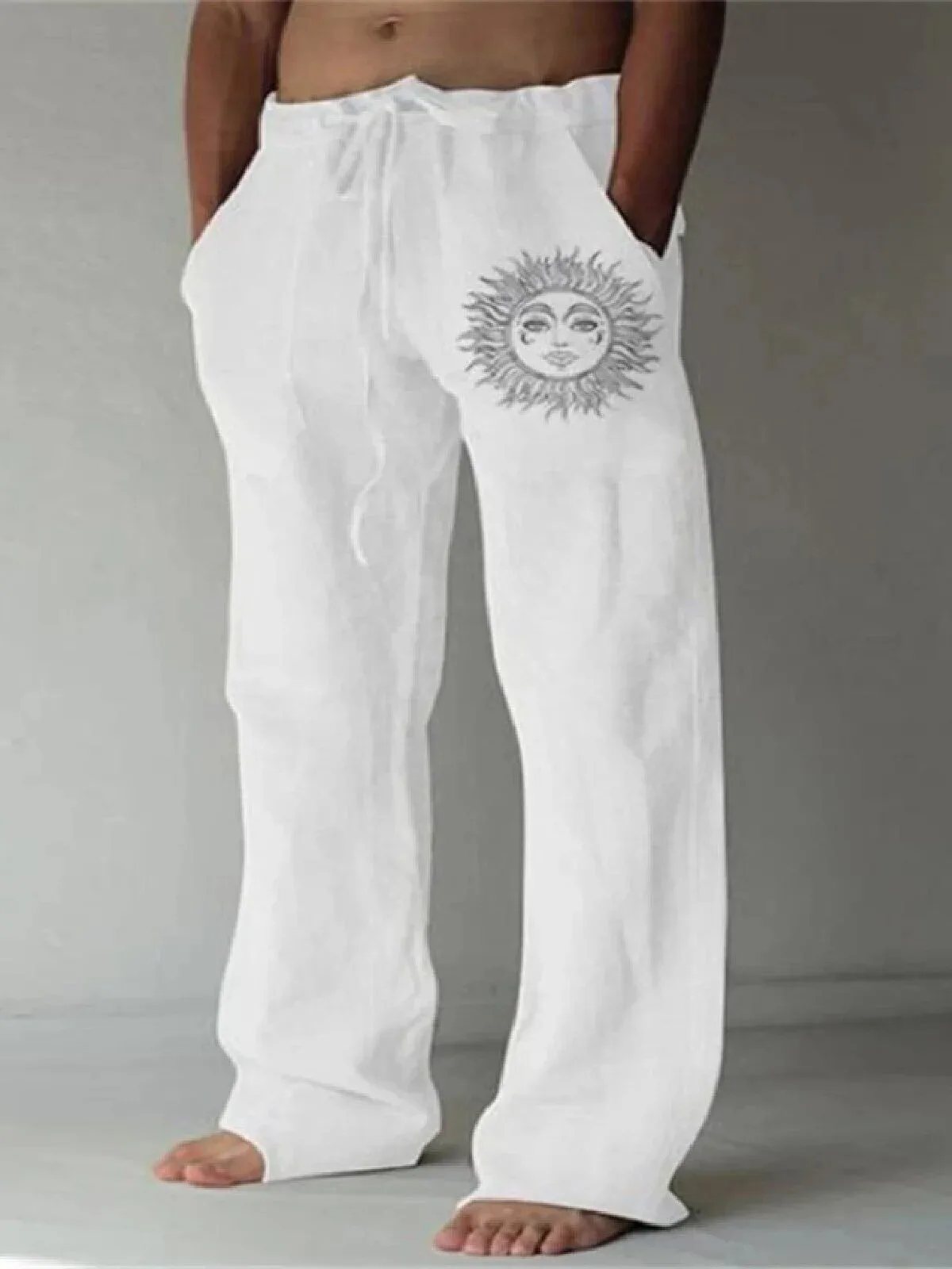 Sun Face Graphic Loose Fit Drawstring Linen Blend Casual Pants for Men
