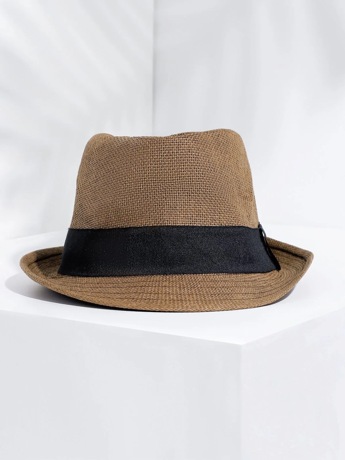 Men's Classic Brown Straw Fedora Hat with Black Band