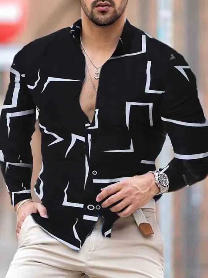 Mens Black and White Geometric Abstract Print Button Down Long Sleeve Shirt