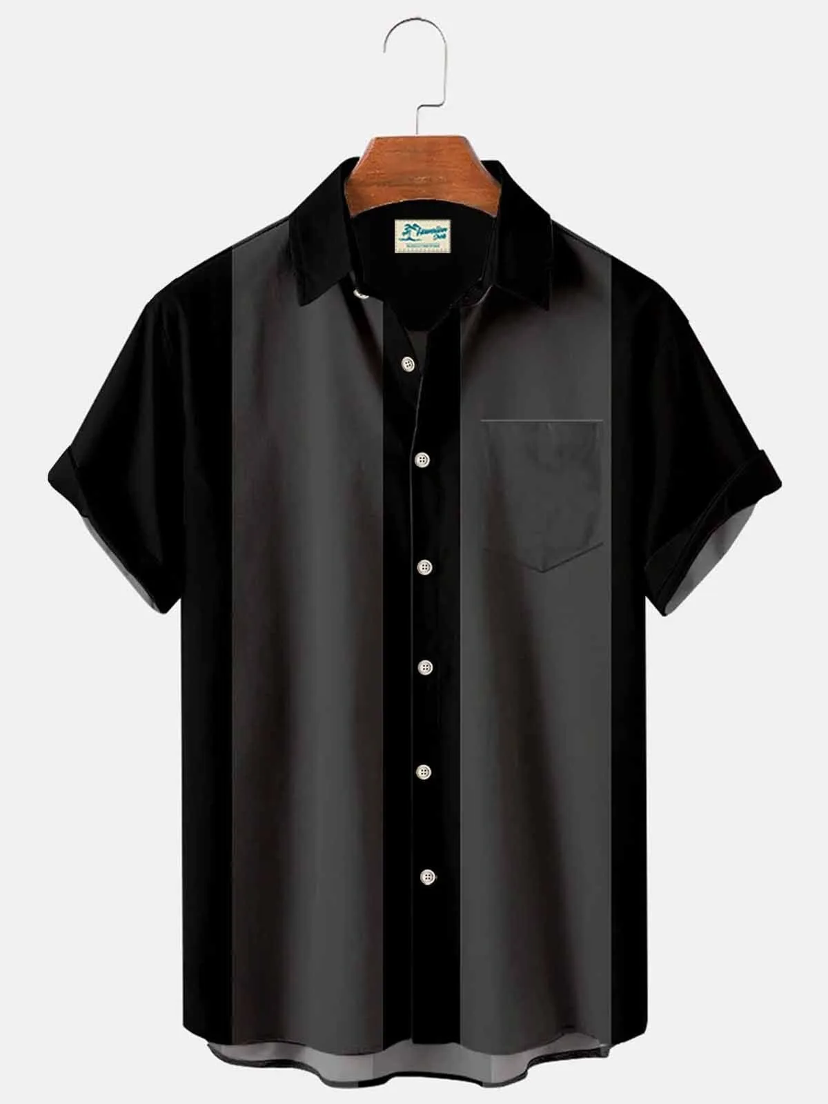 Vintage Fifties Style Black and Grey Striped Men's Classic Bowling Shirt