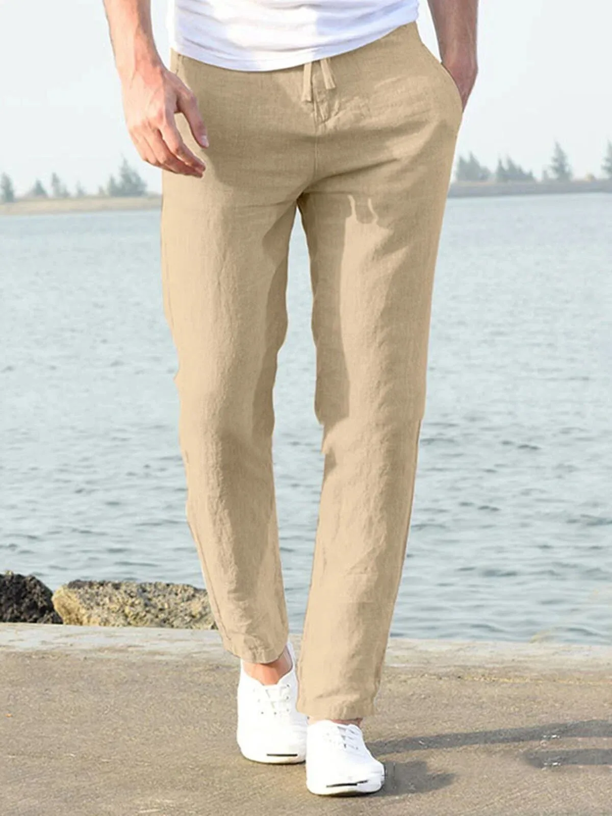 Men's Casual Loose Fit Linen Pants with Elastic Waistband and Drawstring