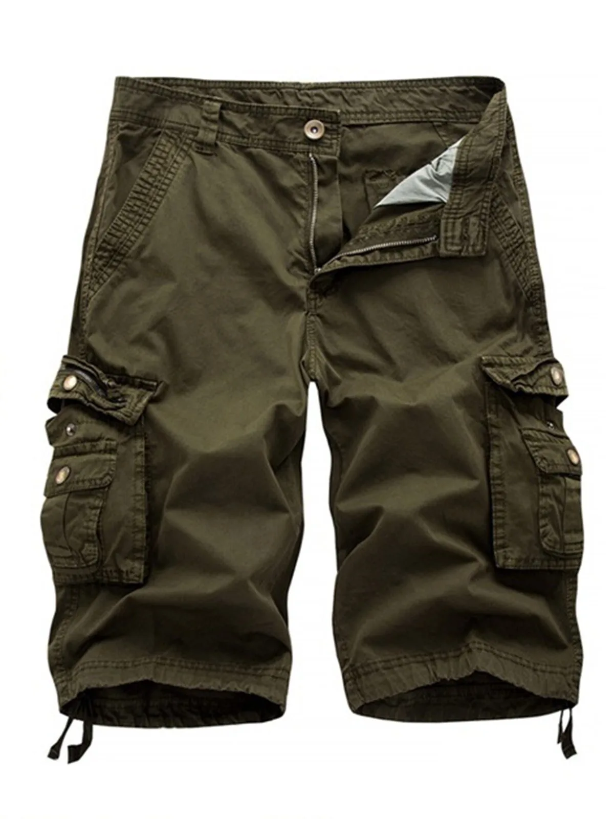 Men's Olive Green Cargo Shorts with Pockets and Drawstring Waist