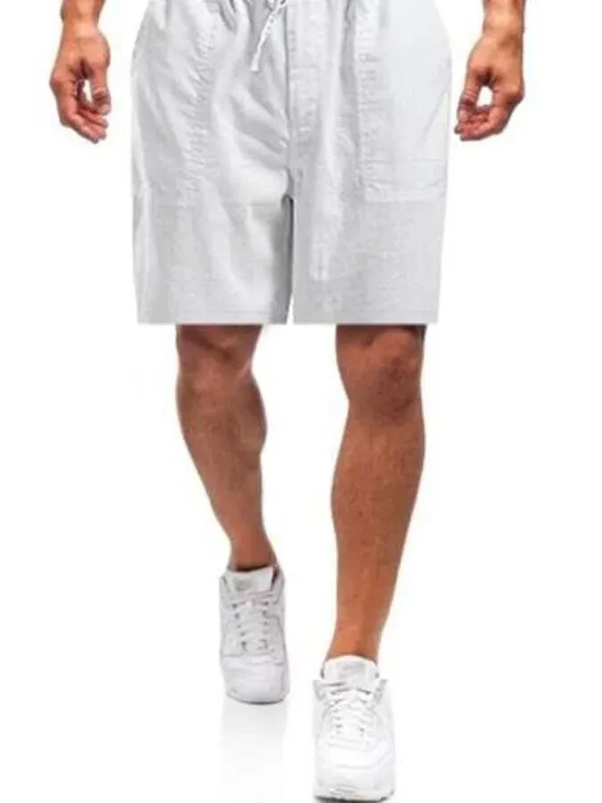 Men's Casual Drawstring Waist White Linen Blend Shorts with Pockets