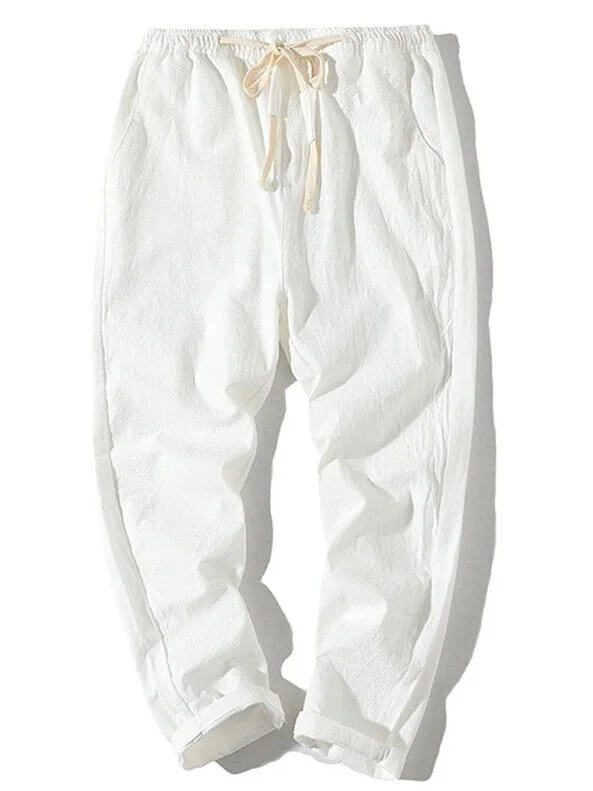 Loose Fit White Linen Blend Casual Pants with Drawstring Waist 1 Loose Fit White Linen Blend Casual Pants with Drawstring Waist