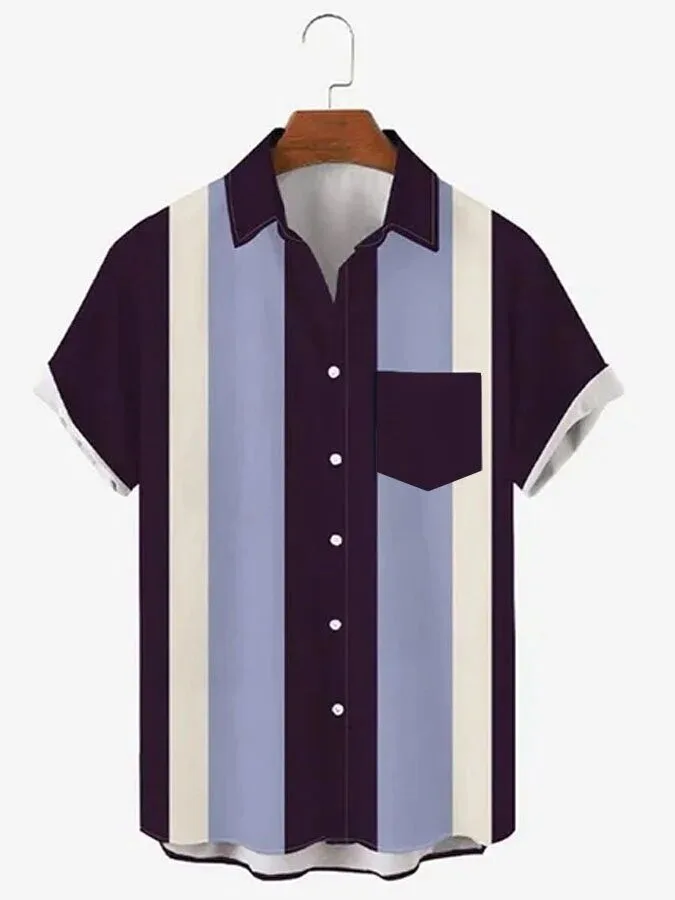 Purple and White Striped Short Sleeve Button Up Casual Hawaiian Shirt