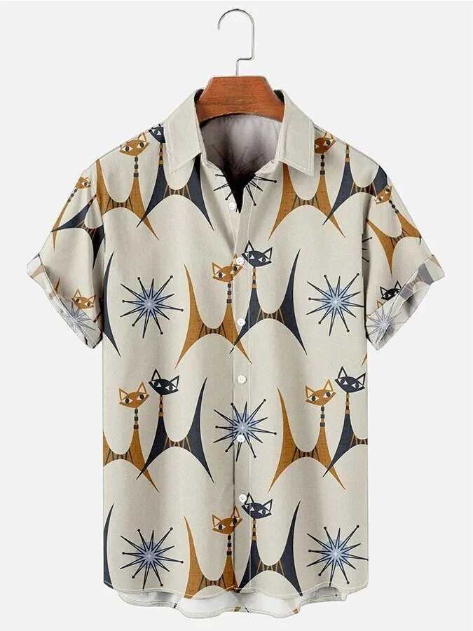 Mid-Century Modern Atomic Cat Geometric Print Casual Short Sleeve Hawaiian Shirt