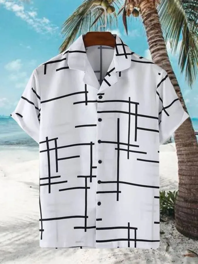 Geometric Abstract Line Art White Button-Up Short Sleeve Hawaiian Shirt