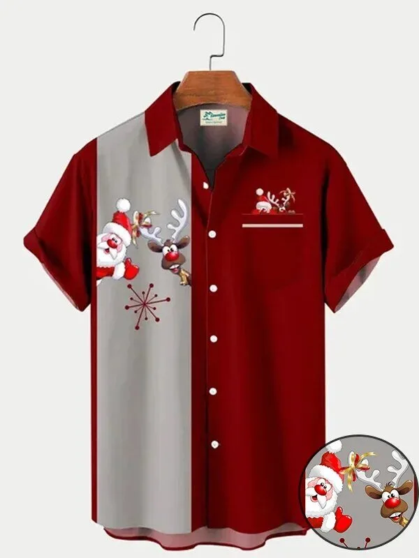 Santa Claus and Reindeer Christmas Holiday Short Sleeve Button Down Hawaiian Shirt