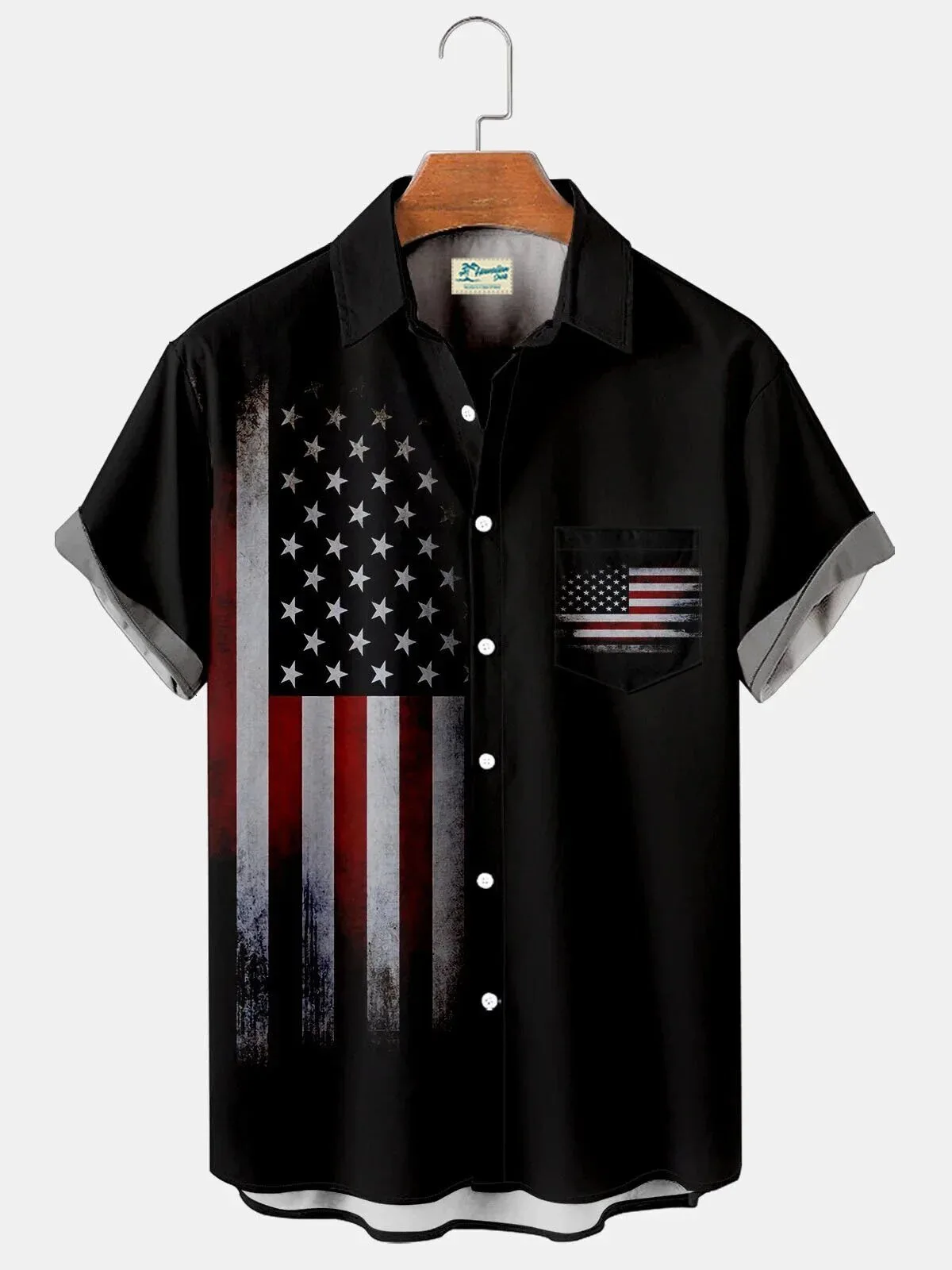 Distressed American Flag Patriotic Black Independence Day Hawaiian Shirt