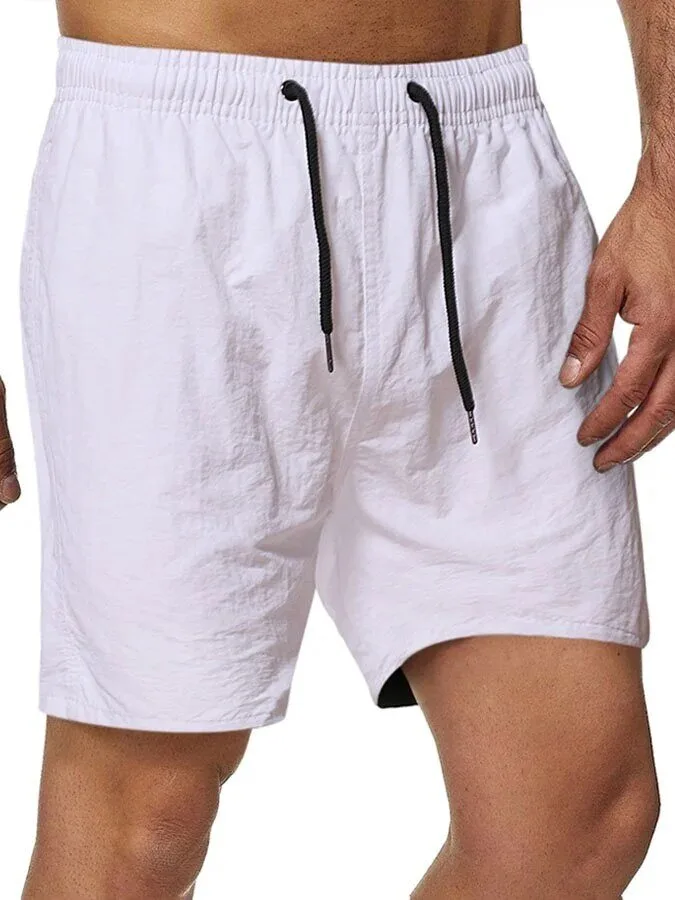 Men's Casual Solid White Waterproof Quick Dry Beach Swim Shorts with Drawstring