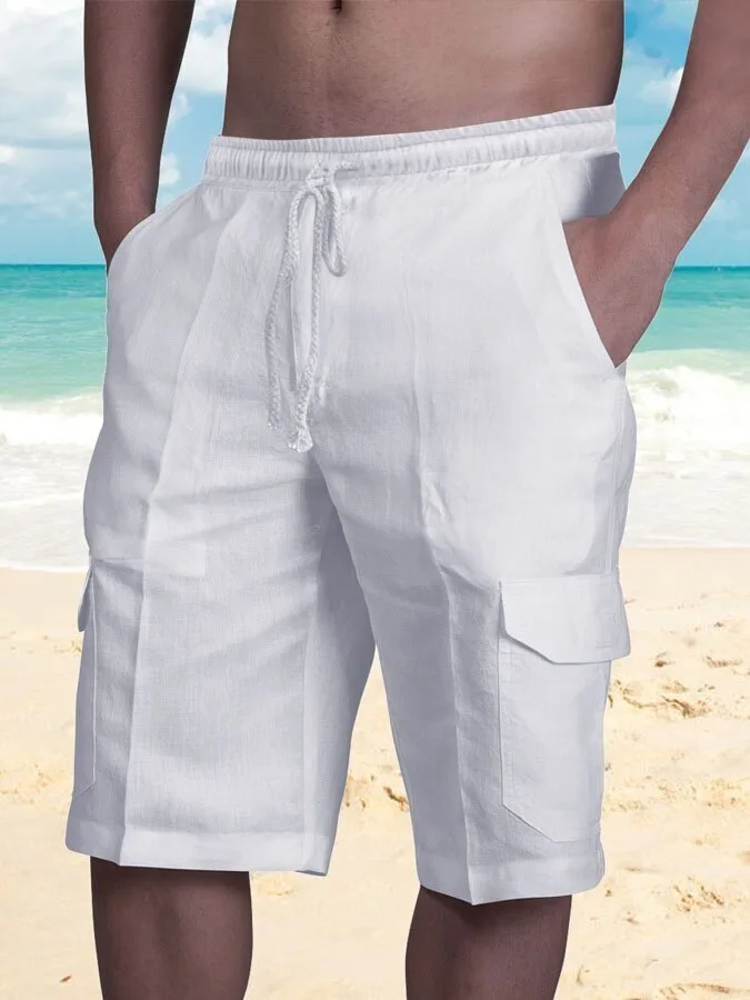 Men's White Linen Cargo Shorts with Drawstring Waist and Pockets