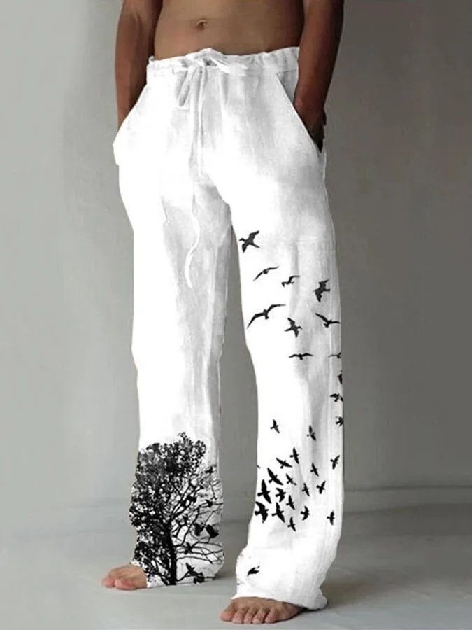 Men's White Cotton Linen Drawstring Pants with Black Bird and Tree Print