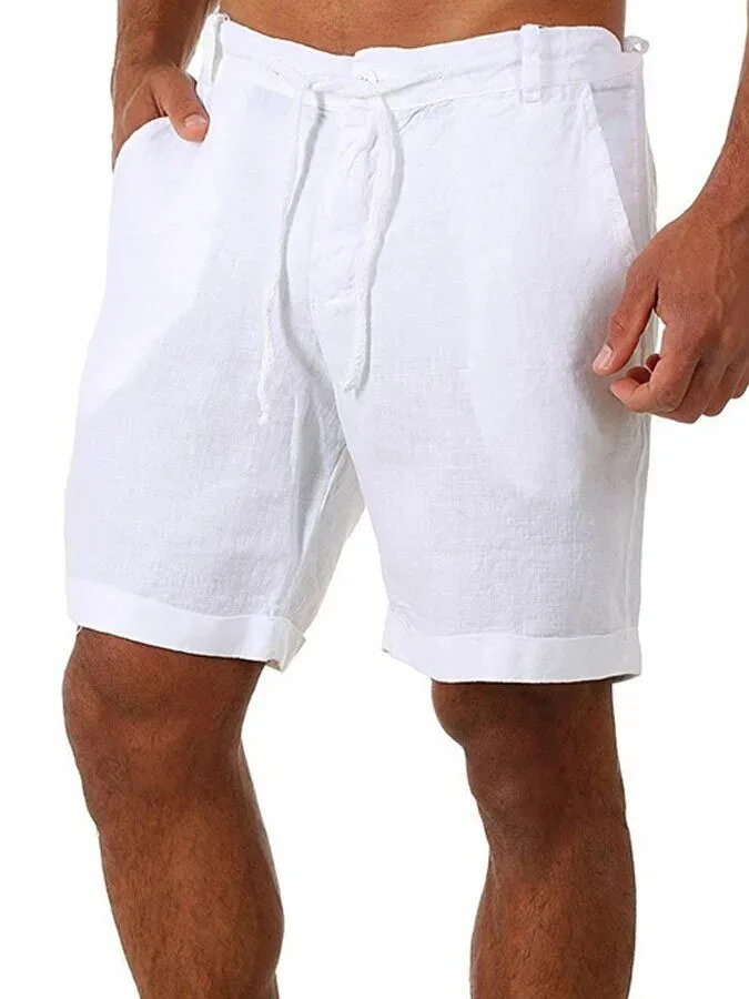 Men's White Linen Blend Drawstring Casual Beach Shorts with Pockets 2 Men's White Linen Blend Drawstring Casual Beach Shorts with Pockets
