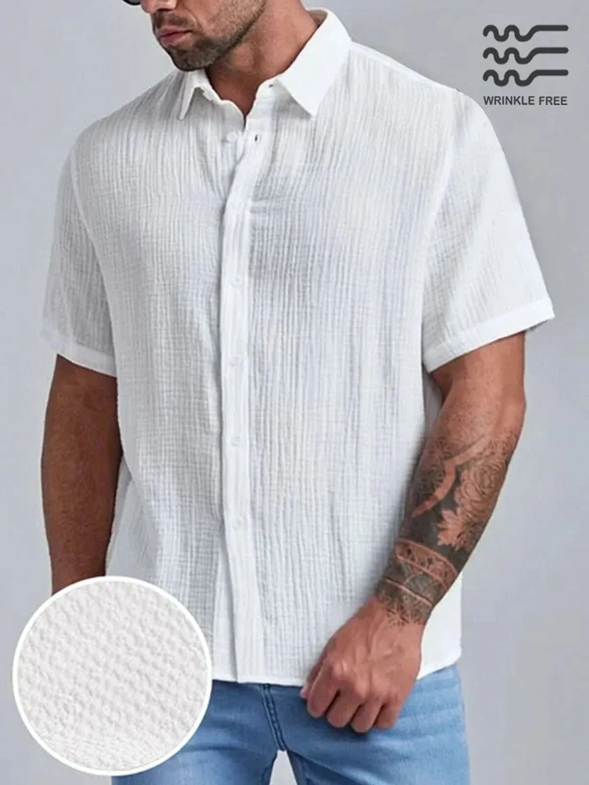 Men's White Seersucker Wrinkle-Free Casual Short Sleeve Button-Up Shirt