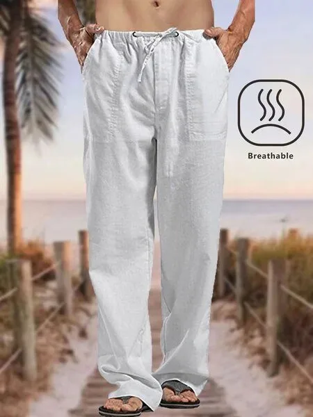 Men's Breathable White Linen Drawstring Pants for Holiday Beachwear 2 Men's Breathable White Linen Drawstring Pants for Holiday Beachwear