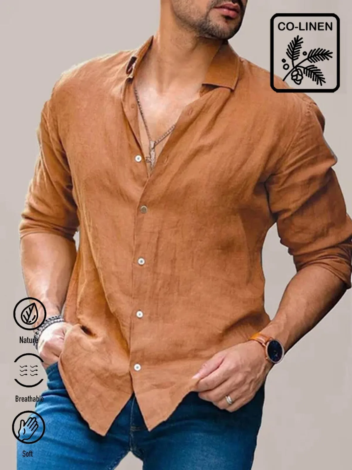 Men's Casual Long Sleeve Button Down Cotton Linen Shirt with Collar