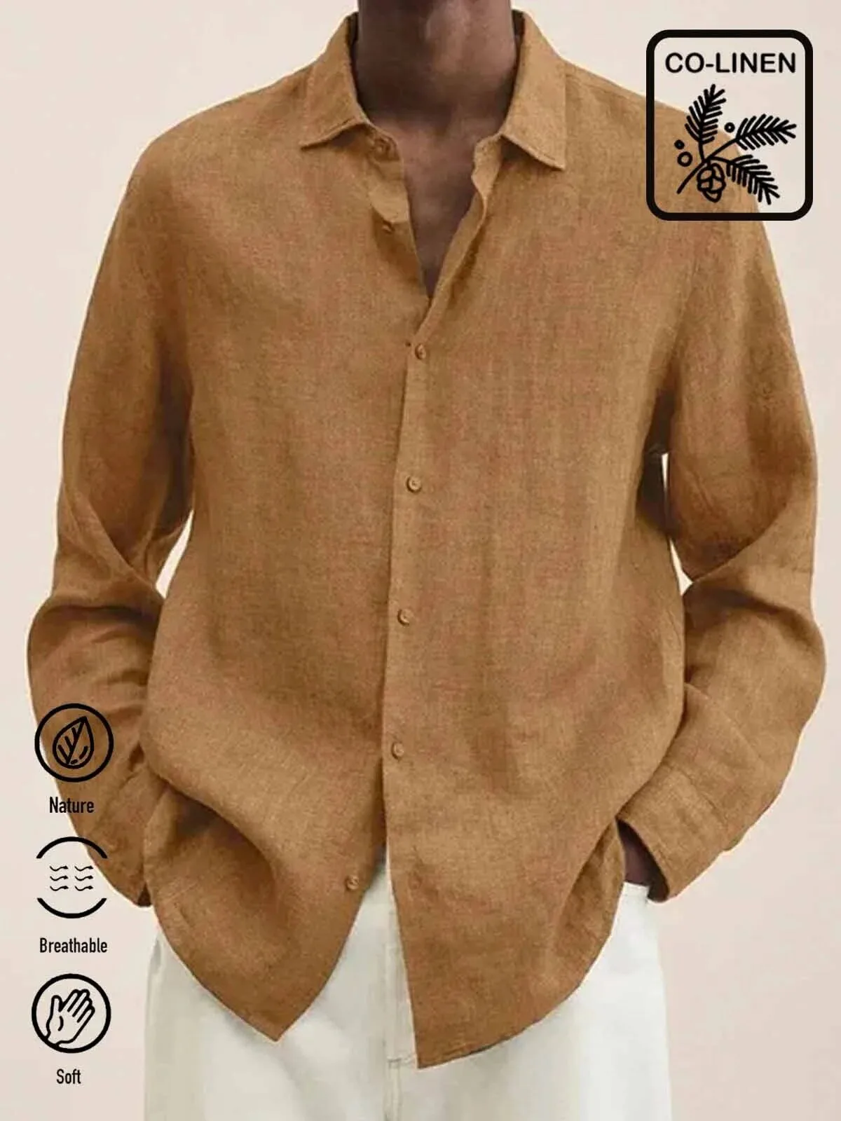 Men's Casual Solid Color Long Sleeve Cotton Linen Button Down Shirt