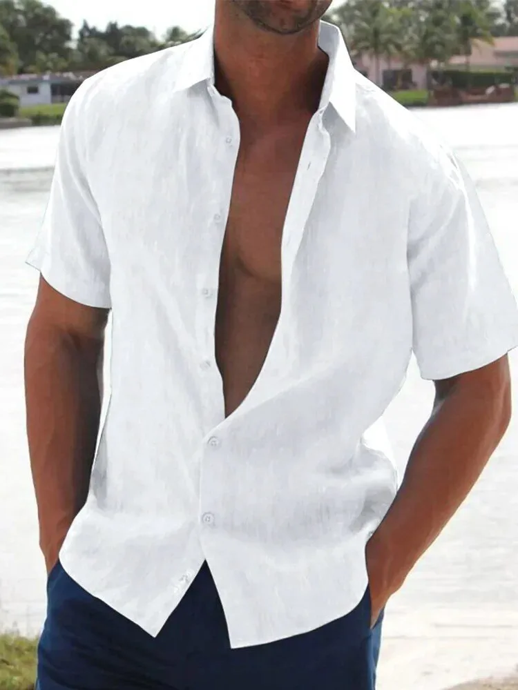 Men's White Linen Blend Short Sleeve Button Down Casual Beach Shirt