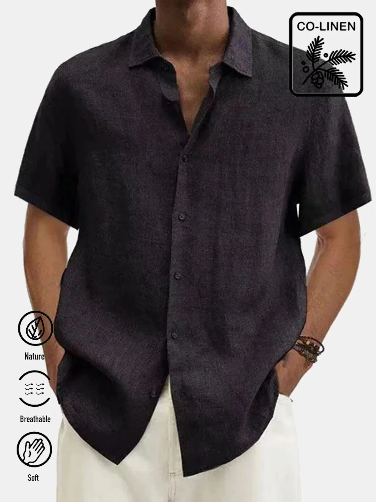 Men's Solid Black Cotton Linen Blend Short Sleeve Button Down Shirt