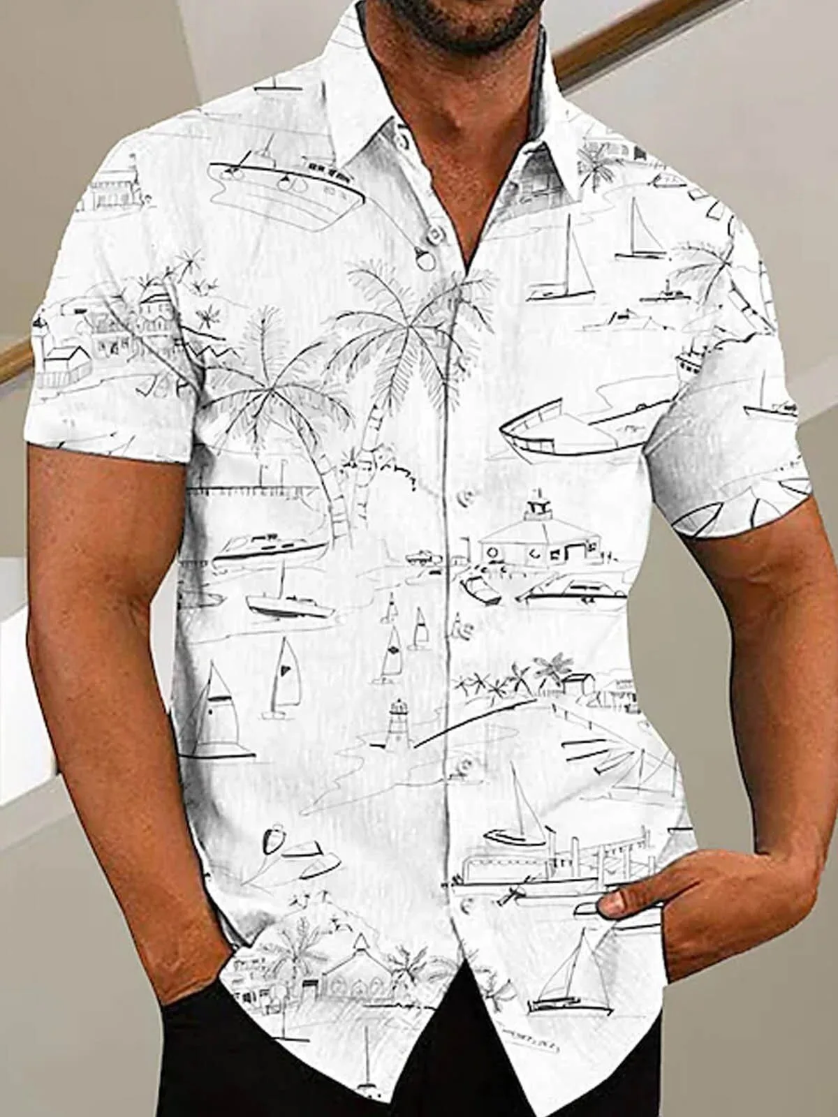 Men's Tropical Beach Sketch Palm Tree Sailboat White Hawaiian Shirt