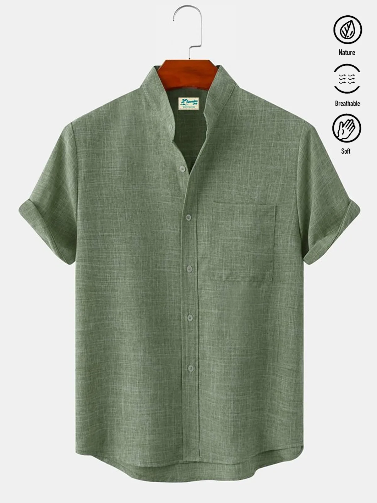 Men's Casual Cotton Linen Stand Collar Short Sleeve Button Down Shirt