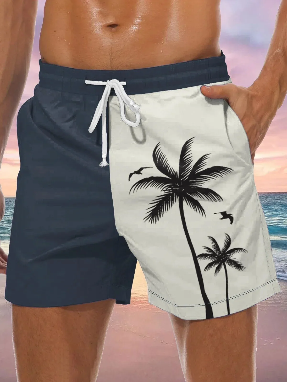 Men's Tropical Palm Tree Print Color Block Swim Trunks Beach Shorts