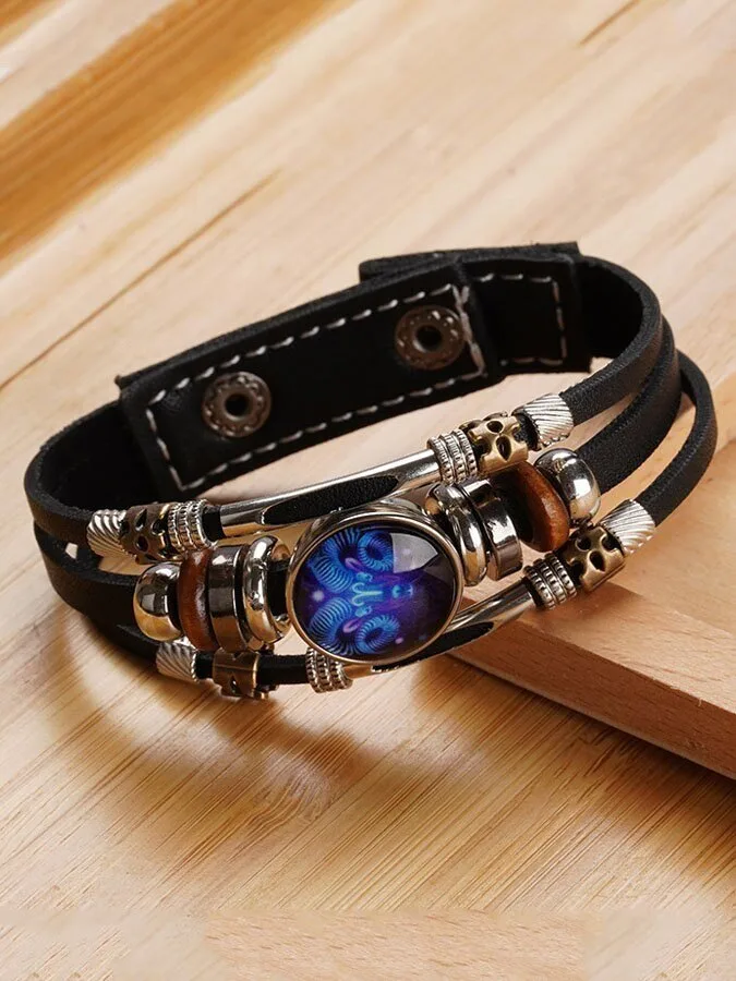 Zodiac Sign Aquarius Luminous Three-Layer Braided Beaded Buckle Leather Bracelet
